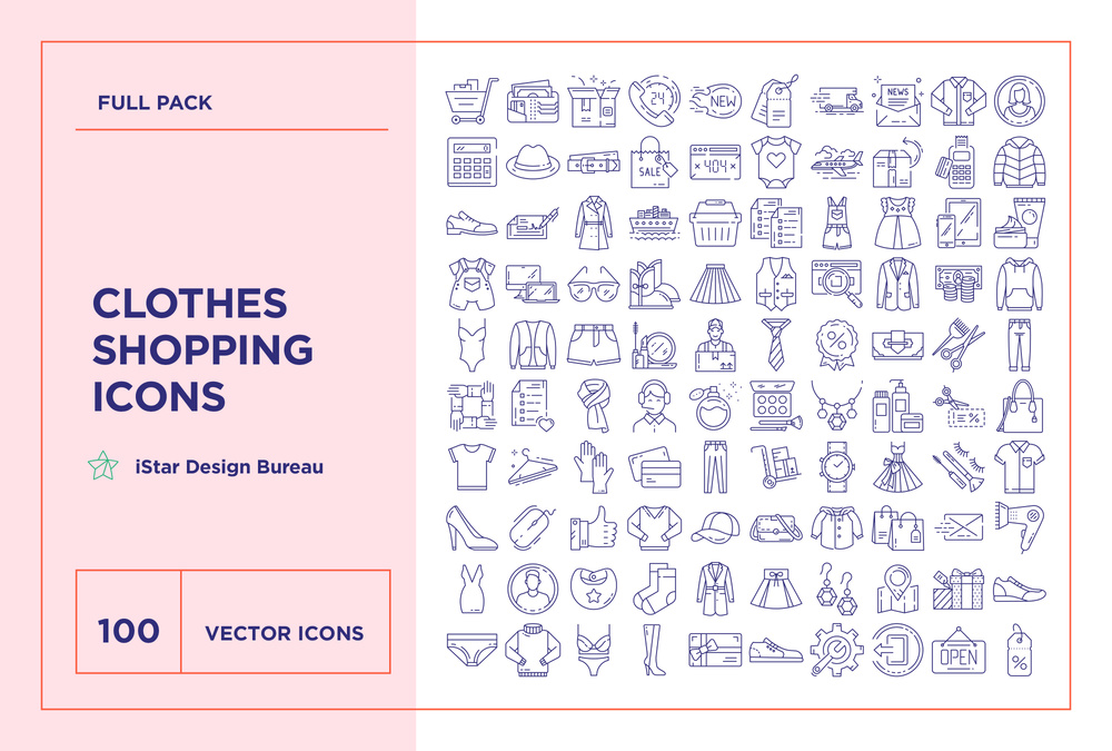 Online Clothes Shopping – 100 Line Icons