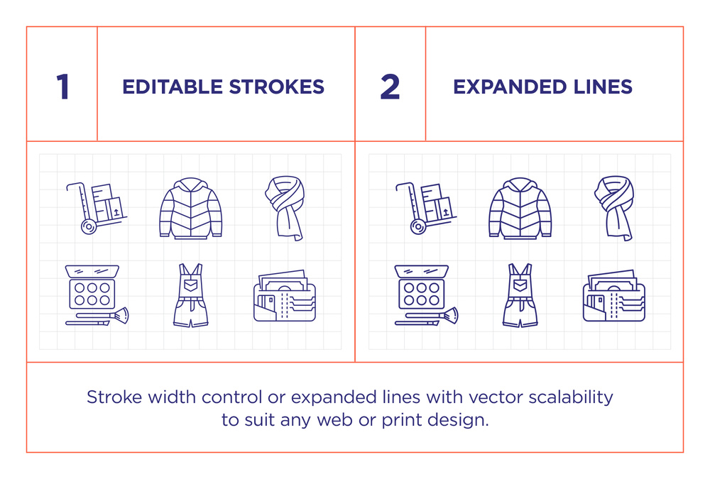 Online Clothes Shopping – 100 Line Icons