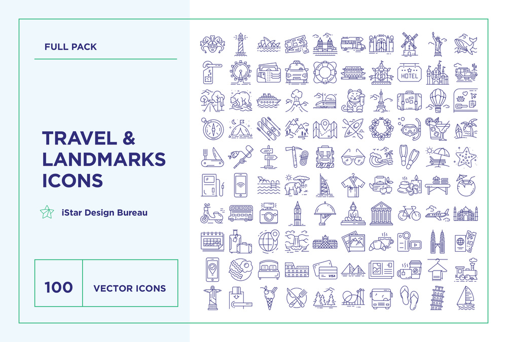 Travel & Landmarks – 100 Line Icons
