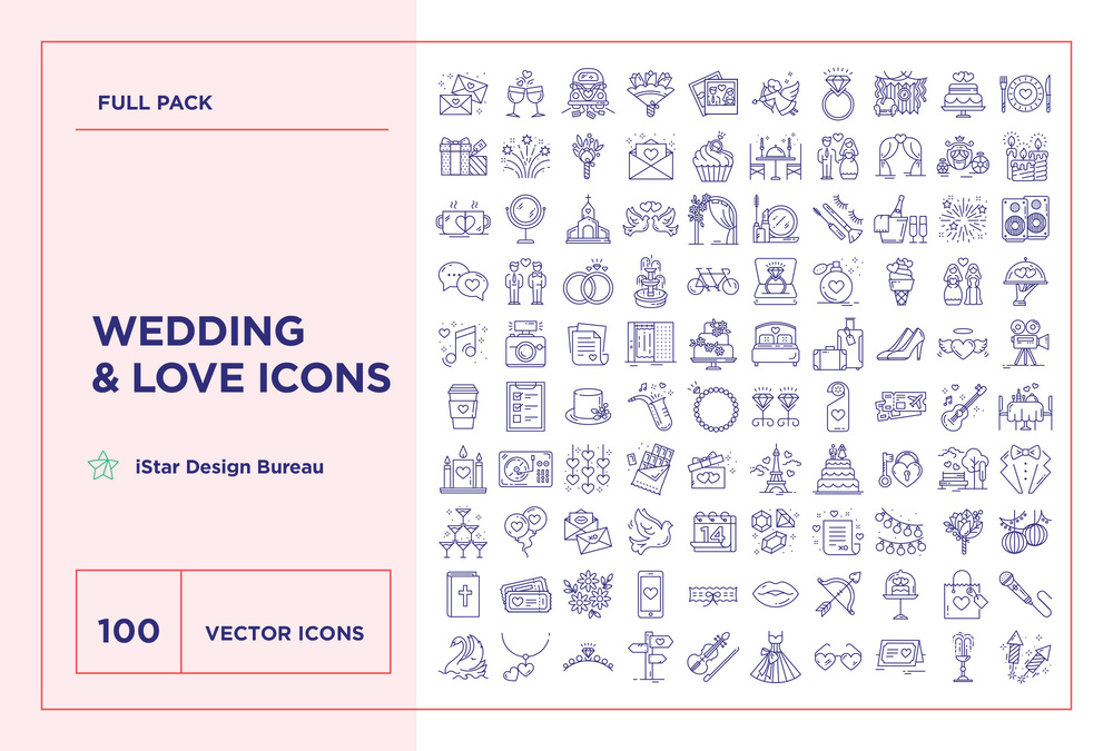 Wedding & Love – 100 Line Icons